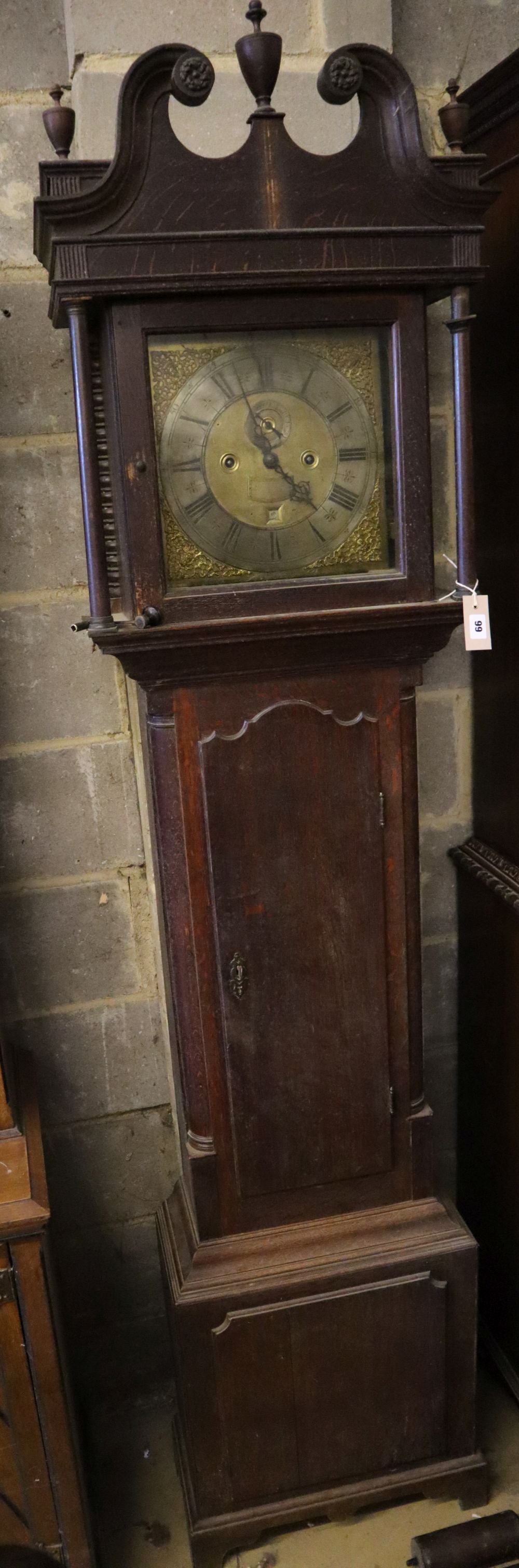 John Gibson, London. A late 18th century oak cased eight day longcase clock, height 228cm